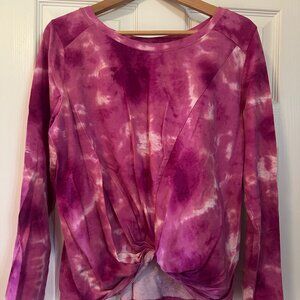Z by Zella Pink and White Tie Dye Front Knot Long Sleeve Top